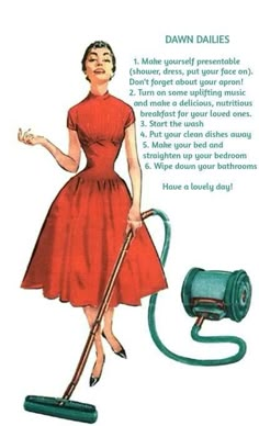 a woman in a red dress holding a green vacuum