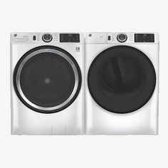 the front load washer and dryer combo are shown in white with black accents