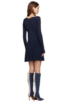 Jacquemus: Navy 'La mini robe Pralu' Minidress | SSENSE Ribbed Mini Length Dress, Fitted Viscose V-neck Mini Dress, Expensive Stuff, Dark Navy, Rib Knit, Scoop Neck, Women Wear, Mini Dress, Navy