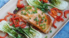 salmon and vegetables on a tray ready to be eaten