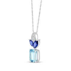 Designed to dazzle, this elegant necklace elevates her attire. Crafted in sterling silver The marquise-shaped bail features round-cut white lab-created sapphires inside a milgrain-detailed edge Below, a pair of marquise-cut blue lab-created sapphires shimmer Finally, an emerald-cut Swiss blue topaz is the exquisite drop The 18-inch rope chain secures with a spring ring clasp White Lab, Elegant Necklace, Swiss Blue Topaz, Sapphire Necklace, Elegant Necklaces, Marquise Cut, Necklace Sterling Silver, Rope Chain, Emerald Cut