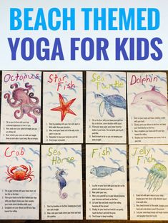 the beach themed yoga for kids poster is displayed in front of an ocean theme with sea animals