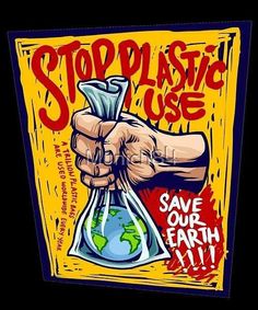 a hand holding a bag filled with money and the words stop plastic use save our earth