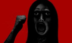 a woman with her mouth open in front of a red background and the word scream written on it