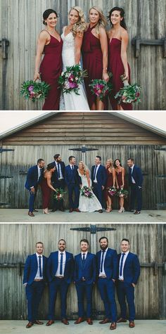 the bride and grooms are posing for pictures in front of an old wooden barn