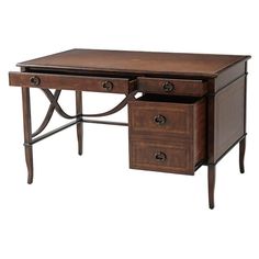 an antique desk with two drawers on the top and one drawer at the bottom, is shown