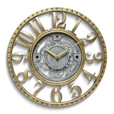 a gold and silver clock with roman numerals on the face, set against a white background