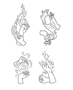 four different hand gestures drawn in black and white