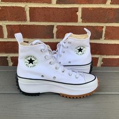 A Sculpted Platform And Serrated Sole Lend Style & Fun To These Iconic Converse Sneakers!! Features A 1 1/2" Heel, 1 1/4" Platform, 4 1/4" Shaft, Lace-Up Style, Removable Ortholite Insoles, Classic Star Detail On Patch And On Back Heel, Textile Upper, Textile And Synthetic Lining, And A Rubber Sole. Excellent New Condition, With Some Minor Marks/Dirt Throughout From Store Handling And No Dirt/Wear To Soles, As Pictured. White. Women's Size 7.5, Men's Size 6. Firm Price!! White High-top Wedge Sneakers With Contrast Sole, Converse White Platform Sneakers With Studded Outsoles, White Mid-top Wedge Sneakers With Vulcanized Sole, White Wedge Sneakers With Contrast Sole And Round Toe, White Mid-top Wedge Sneakers With Rubber Sole, White Wedge Sneakers With Contrast Sole, Converse White Platform Sneakers With Speckled Midsole, Converse White, Converse Sneakers