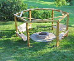 several pictures of different types of outdoor furniture in various stages of construction, including a fire pit and benches