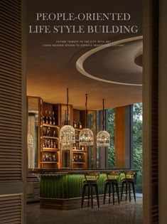 the cover of people - oriented life style building, featuring green chairs and bar stools