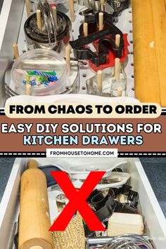 an organized kitchen drawer with the words from chaos to order easy diy solution for kitchen drawers