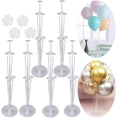 four clear vases with balloons in them and one is filled with gold, silver and white