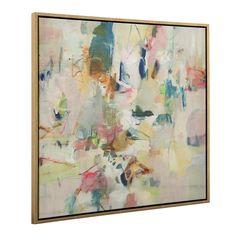 an abstract painting with lots of different colors and shapes on the canvas, framed in wooden frame