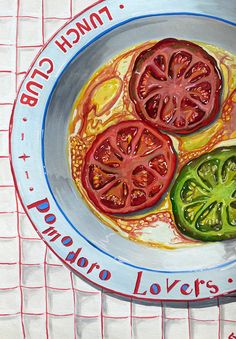 a painting of tomatoes and cheese on a plate