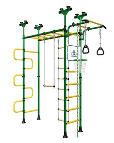 a green and yellow gym equipment set with two pull ups, one on the ground