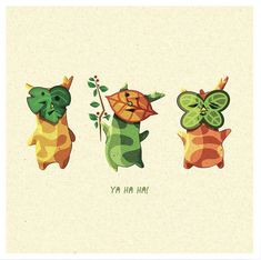 three cartoon animals with leaves on their heads