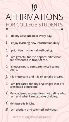 the top ten affirmations for college students with text overlaying them