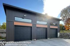 two garages are shown with the sun shining on them