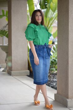 Light denim and spring/summer, YES! We all love a good denim skirt, so we are super excited to bring you this beauty! our Made from a stretchy denim, the Earlene skirt has a classic five pocket, a flattering tapered cut and unfinished hem. This one runs true to size but please check measurements. Modeled in XL, 5’6”. Paired with our Blanche navy striped top. 75% Cotton/23% Polyester/2% Spandex XSmall (waist 26”/hips 34”/length 26.5”)Small (waist 28”/hips 36”/length 26.5”) Medium (waist 30”/hips Dark Grey Skirt, Pentecostal Fashion, Mid Size Fashion, Bell Bottom Pants, Green Top, Green Tops, Gray Skirt, Super Excited, Lovely Dresses