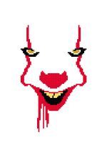 the face of an evil clown with yellow eyes and red nose is drawn in squares