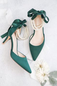 Stun the room with this beautiful Emerald green pointed toe heels with the trinity pearl ankle straps. The perfect heels for your next wedding guest look, special occasions, or holiday dresses. Heels With Pearls, Cloth Aesthetic, Emerald Green Heels, Aesthetics Clothes, Pearl Heels, Affordable Outfits, Green Weddings, Emerald Green Weddings, Emerald Green Dresses