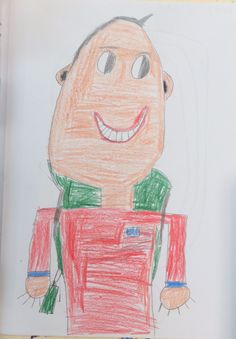 a child's drawing of a man with a smile on his face and arms