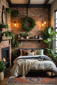 a bedroom with brick walls, potted plants and a bed in front of a fireplace