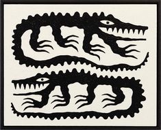 two black and white drawings of alligators