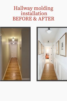 the hallway molding installation before and after is finished with white paint, wood flooring and hard wood floors