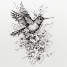 a black and white drawing of a hummingbird with flowers