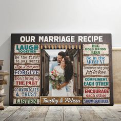 a wooden frame with the words our marriage recipe on it and a couple holding each other