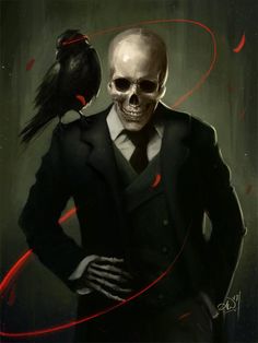 a skeleton in a suit with a crow on his shoulder