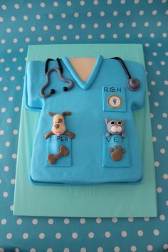 a birthday cake for a vet who is wearing scrubs and holding a stethoscope