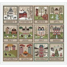 a cross stitch pattern with houses and trees on it, in the middle of a wooden background