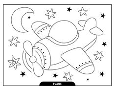 a coloring page with an airplane in the sky and stars around it, which reads plane