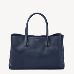 The London Tote in Navy Pebble | Aspinal of London Luxury Everyday Satchel With Dust Bag, Modern Double Handle Bag For Everyday Use, Timeless Double Handle Bags For Everyday Luxury, Timeless Double Handle Bag For Everyday Luxury, Everyday Luxury Satchel With Removable Pouch, Timeless Everyday Luxury Satchel With Double Handle, Luxury Everyday Bags, Timeless Structured Bag With Smooth Grain, Everyday Structured Shoulder Bag With Smooth Grain