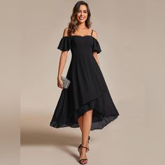 Ever-Pretty Chiffon Black Brand New With Tags Chiffon A-line Dress For Date Night, Chic Black A-line Chiffon Dress, Chiffon A-line Dress For Night Out, Evening Dressy Chiffon Midi Dress, Flowy Chiffon Dress For Night Out, Chiffon Knee-length Midi Dress For Evening, Chic Chiffon A-line Evening Dress, Summer Evening A-line Chiffon Dress, Chiffon Midi Dress For Evening