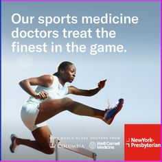 a woman running across a hurdle with the words, our sports medicine doctors treat the finest in the game