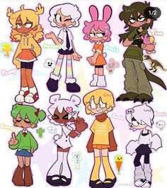 some cartoon characters with different expressions and hair colors, all dressed up in various outfits