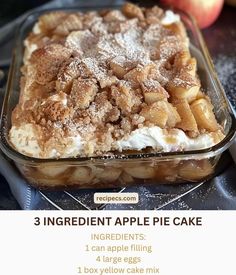 an apple pie in a glass baking dish with ingredients labeled below to describe the recipe