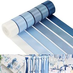 blue and white wallpapers with ribbons hanging from the top, along with two pictures of gift wrapped presents