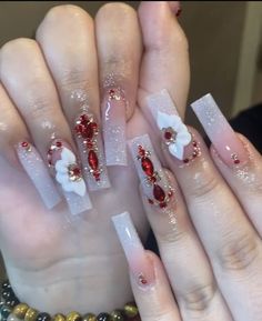 Sweet 16 Nails, Quince Nails, Red And White Nails, Quinceanera Nails, Red Acrylic Nails, Nails Design With Rhinestones, White Acrylic Nails, Cute Acrylic Nail Designs, Acrylic Nails Coffin Pink