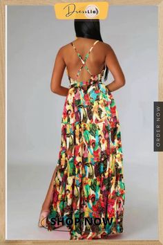 Sexy Floral Print Spaghetti Strap Backless Maxi Dress Chic Strapless Backless Dress For Vacation, Chic Backless Dress With Spaghetti Straps For Beach Season, Party Backless Tie Back Sundress, Backless Vacation Dress With Adjustable Spaghetti Straps, Casual Backless Dress With Spaghetti Straps For Vacation, Fitted Maxi Dress With Crisscross Straps For Vacation, Beach Season Party Maxi Dress With Tie Back, Flirty Backless Dress With Spaghetti Straps For Beach, Beach Party Sundress With Tie Back