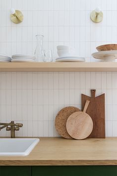 the kitchen counter is clean and ready to be used for cooking or serving dishes on it