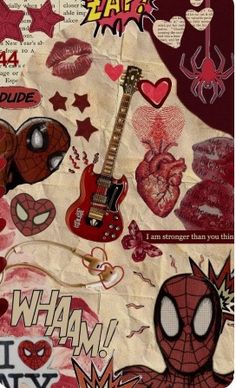 a collage of stickers on paper with the words i love my guitar and spiderman