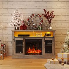 a living room with a fireplace and christmas decorations