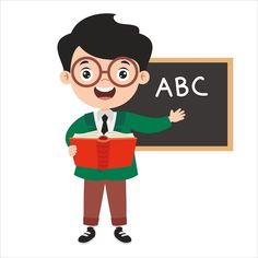 a young boy standing in front of a blackboard with an abc written on it