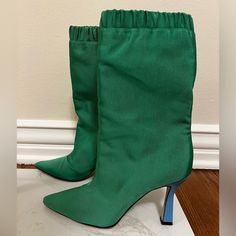 Wandler Green Gros Grain Boots, Blue Heel. Italian 39. Gently Worn. Fitted Green Boots With Reinforced Heel, Designer Fitted Boots For Spring, Green Almond Toe Boots For Spring, Green Fitted Boots For Formal Occasions, Spring Green Almond Toe Boots, Formal Green Fitted Boots, Formal Fitted Green Boots, Fitted Green Boots With Almond Toe, Green Boots For Evening In Spring