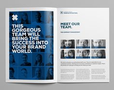 an open brochure with people's faces and the words meet our team